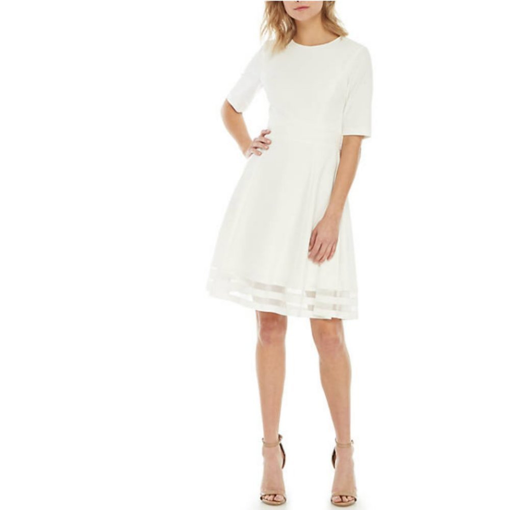 NEW Calvin Klein Short Sleeve Fit & Flare Stripe Hem Dress White 18W preppy - Picture 1 of 13